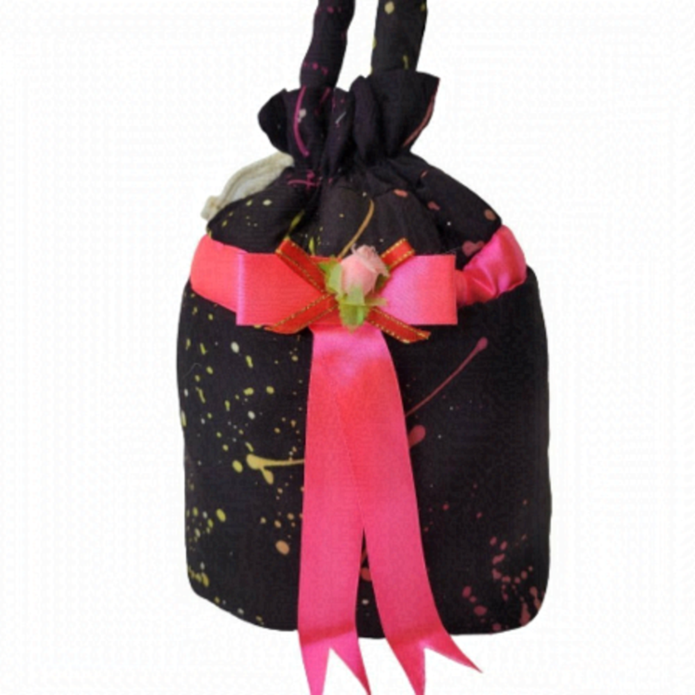 New Handmade Hand Painted Indonesian Batik Art Cotton Drawstring Black Pink Bag